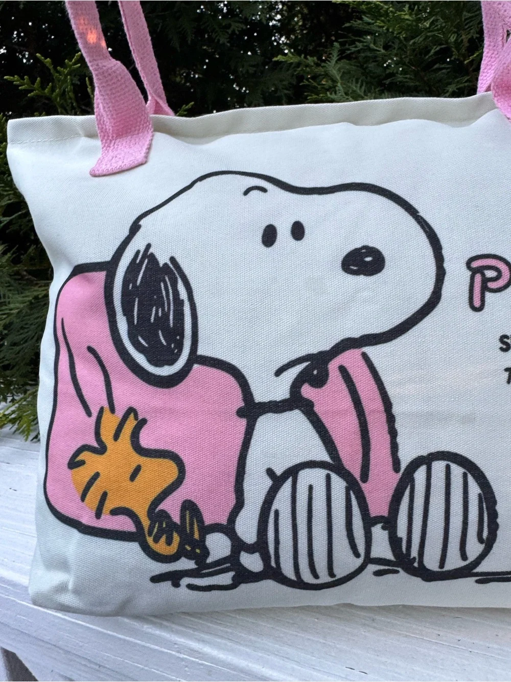 Peanuts Snoopy Canvas Tote Bag in Pink zipper top, 8” handle drop, 15”x10”x3